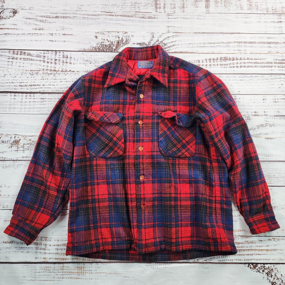 Pendleton Board Shirt Men's M Red Blue Plaid Wool Flannel Made in USA Vintage
